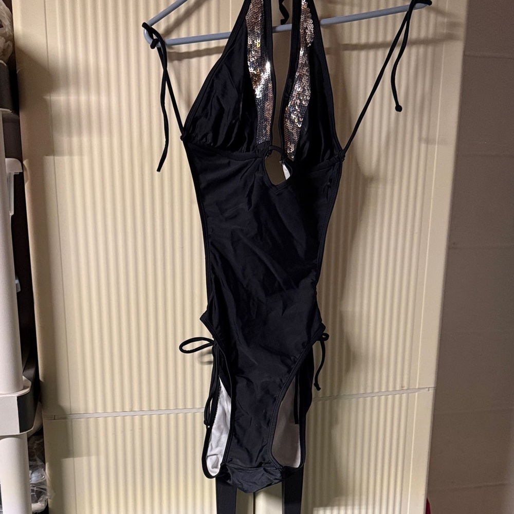 Black One-Piece Swimsuit with Sequin Trim